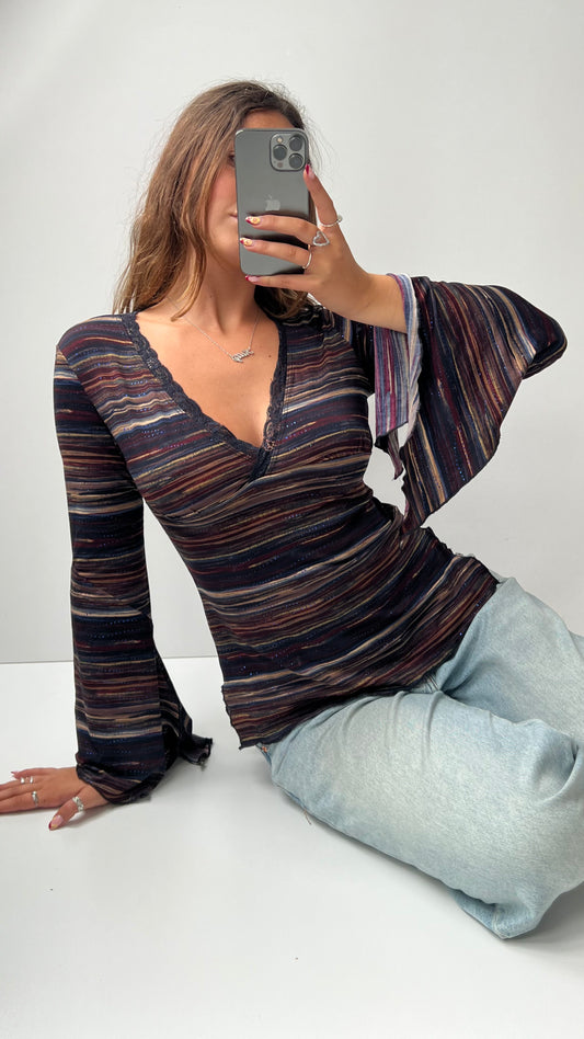 00s blue brown striped long sleeve top- size S/M