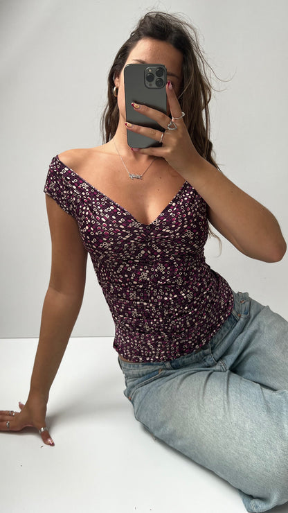 00s purple patterned top- size S