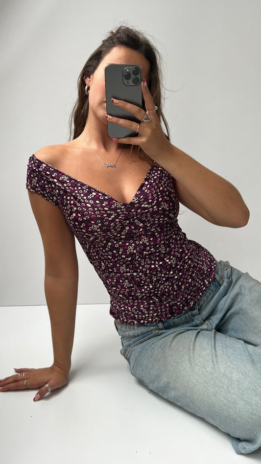 00s purple patterned top- size S