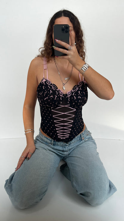 00s black pink polka dot corset- size L