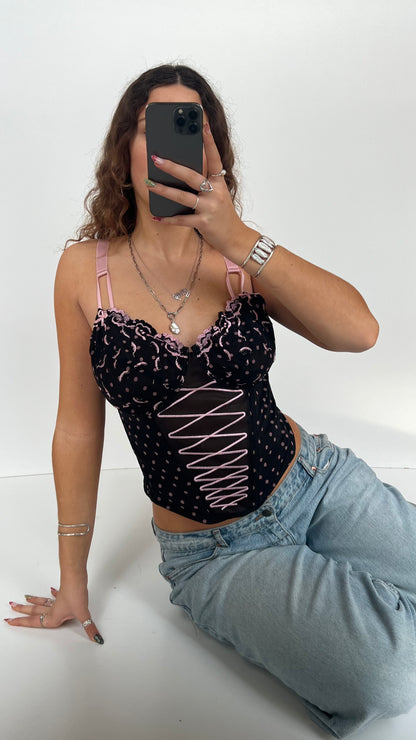 00s black pink polka dot corset- size L