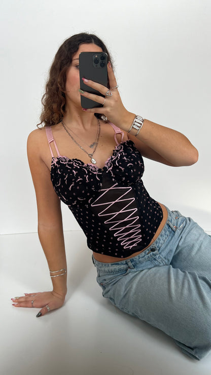 00s black pink polka dot corset- size L