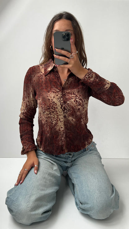 00s brown boho mesh shirt- size S