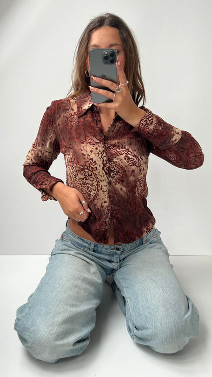 00s brown boho mesh shirt- size S