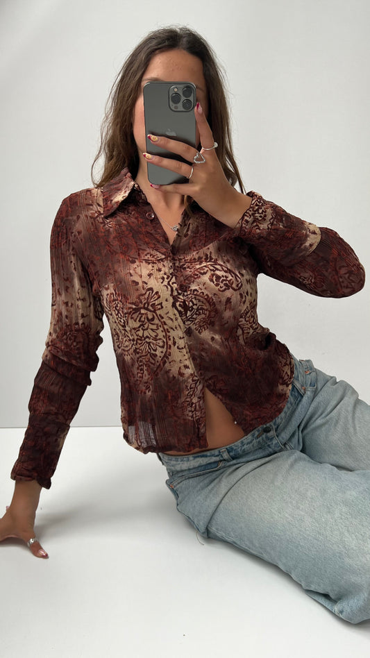 00s brown boho mesh shirt- size S