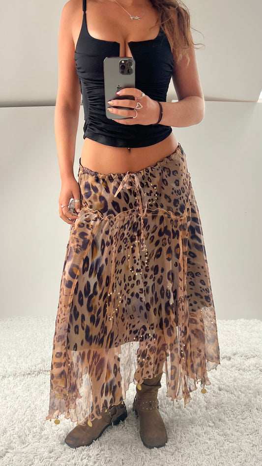 00s mesh leopard print maxi skirt- size M