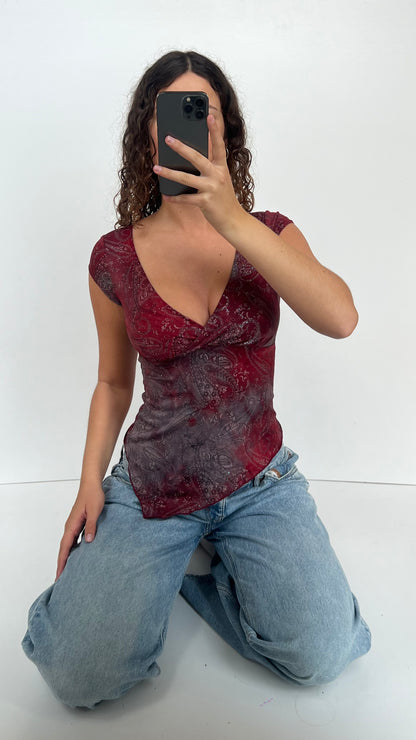 00s red glitter asymmetric top- size XS