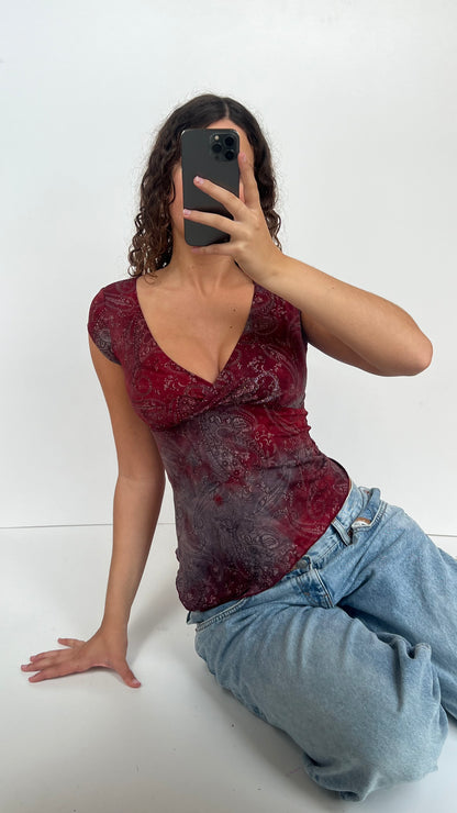 00s red glitter asymmetric top- size XS