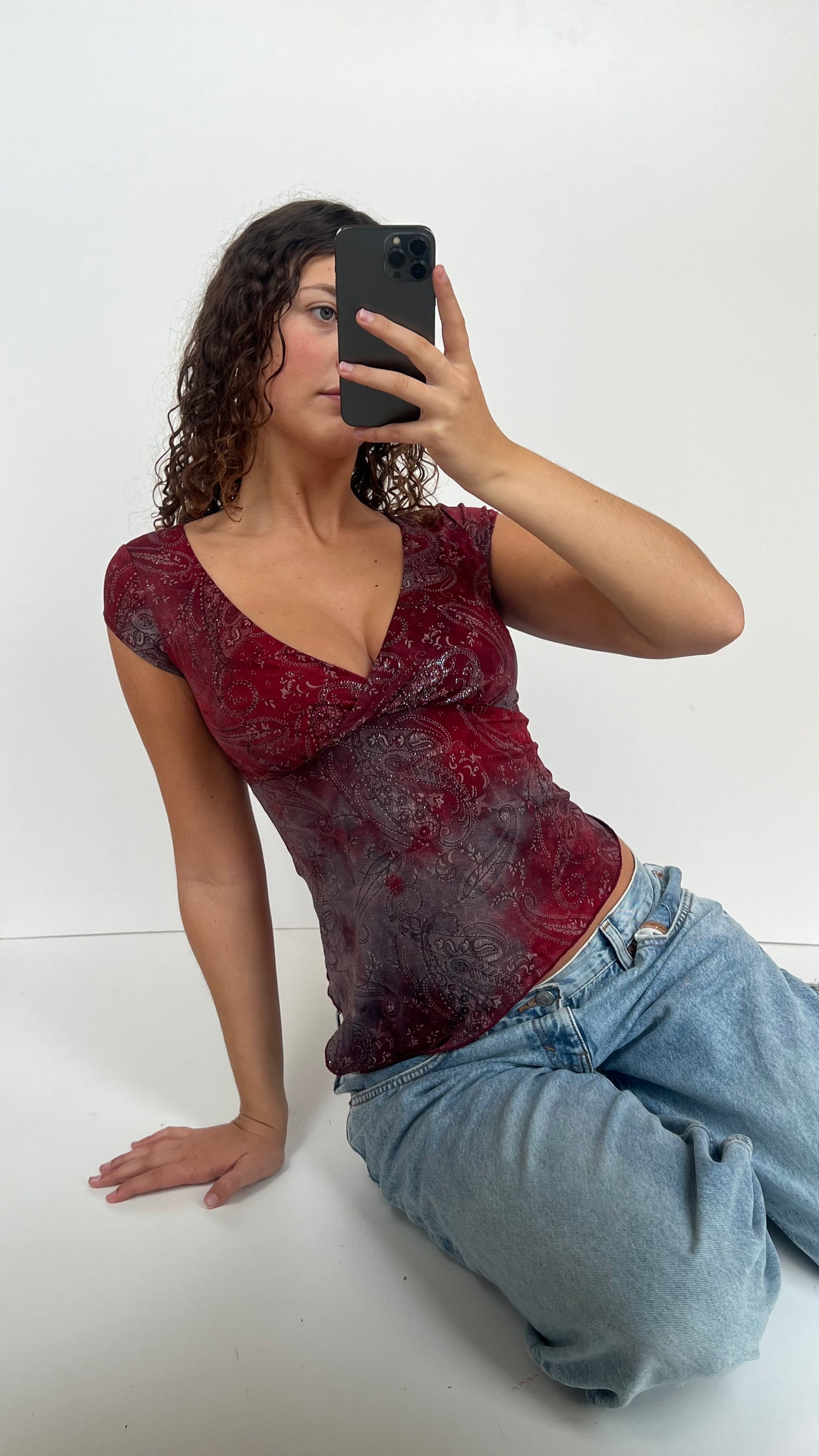 00s red glitter asymmetric top- size XS