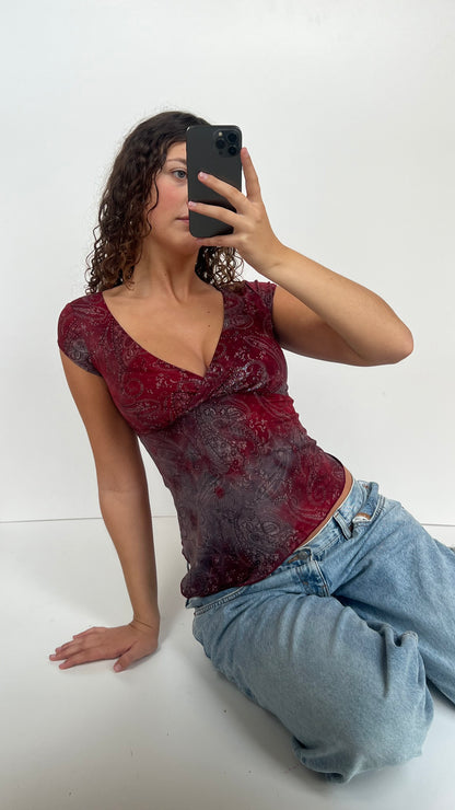 00s red glitter asymmetric top- size XS
