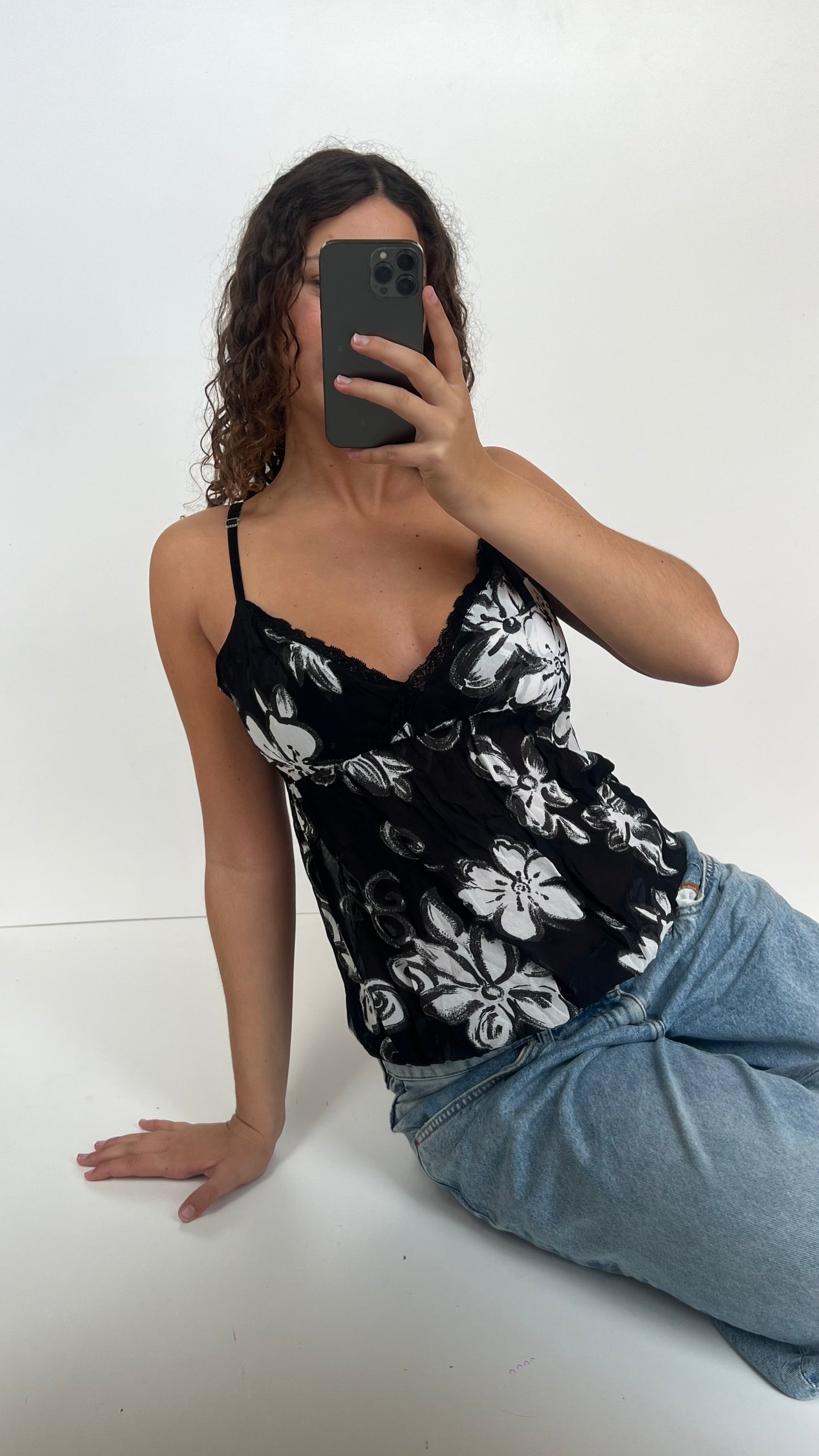00s black floral bubble cami- size S