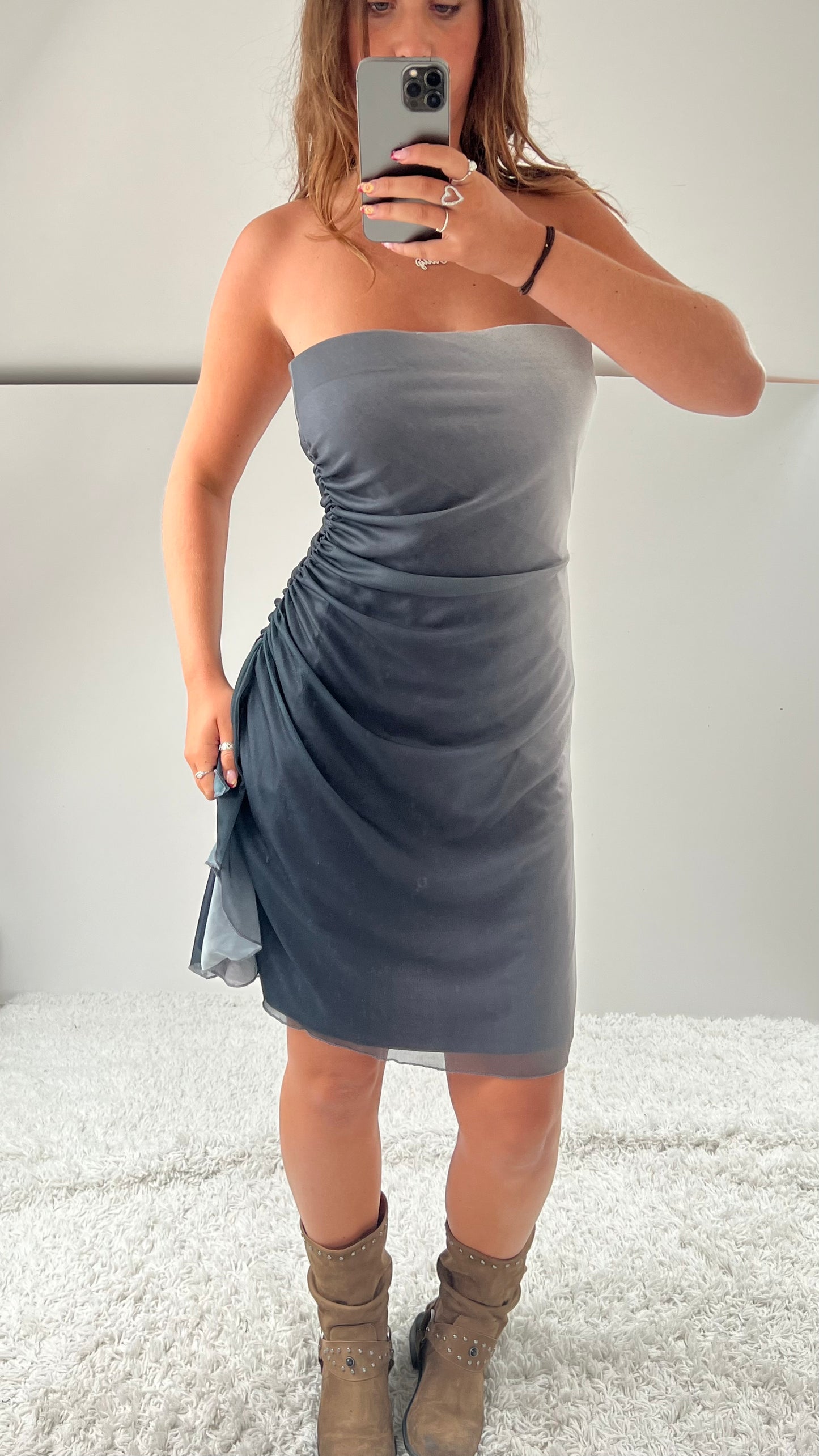 00s grey strapless mesh dress- size M