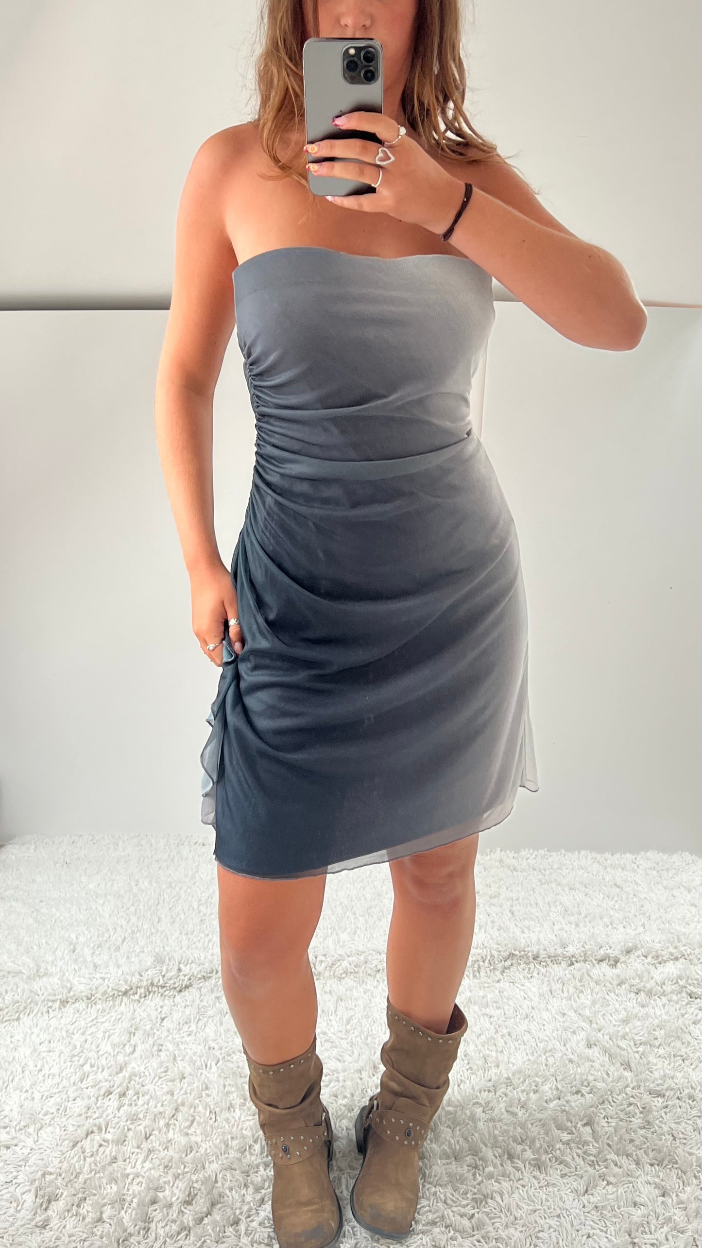 00s grey strapless mesh dress- size M