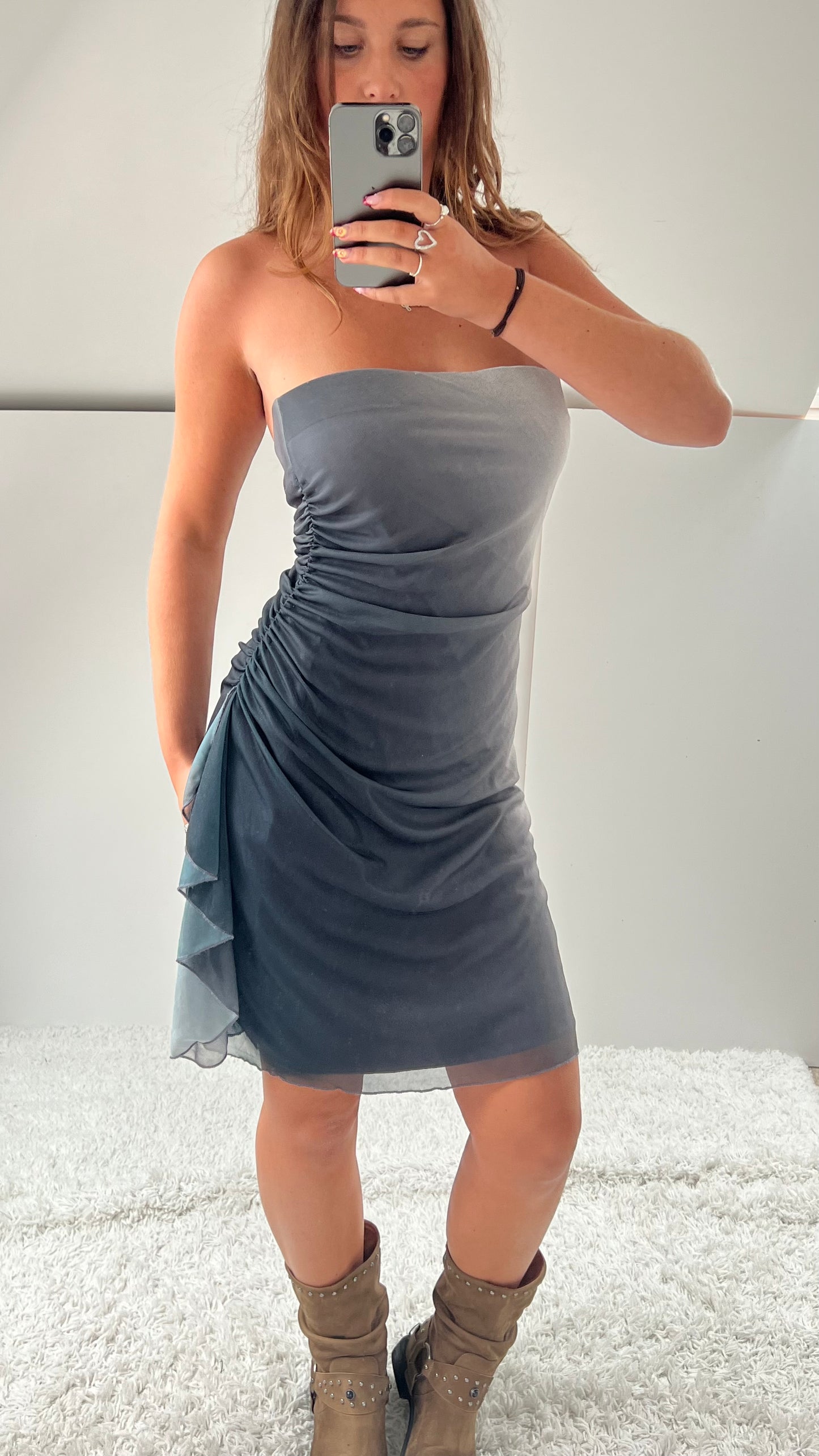 00s grey strapless mesh dress- size M
