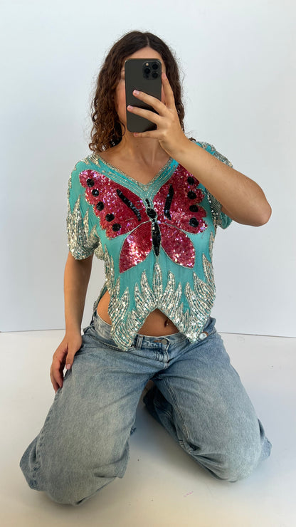 00s blue sequin butterfly top- one size