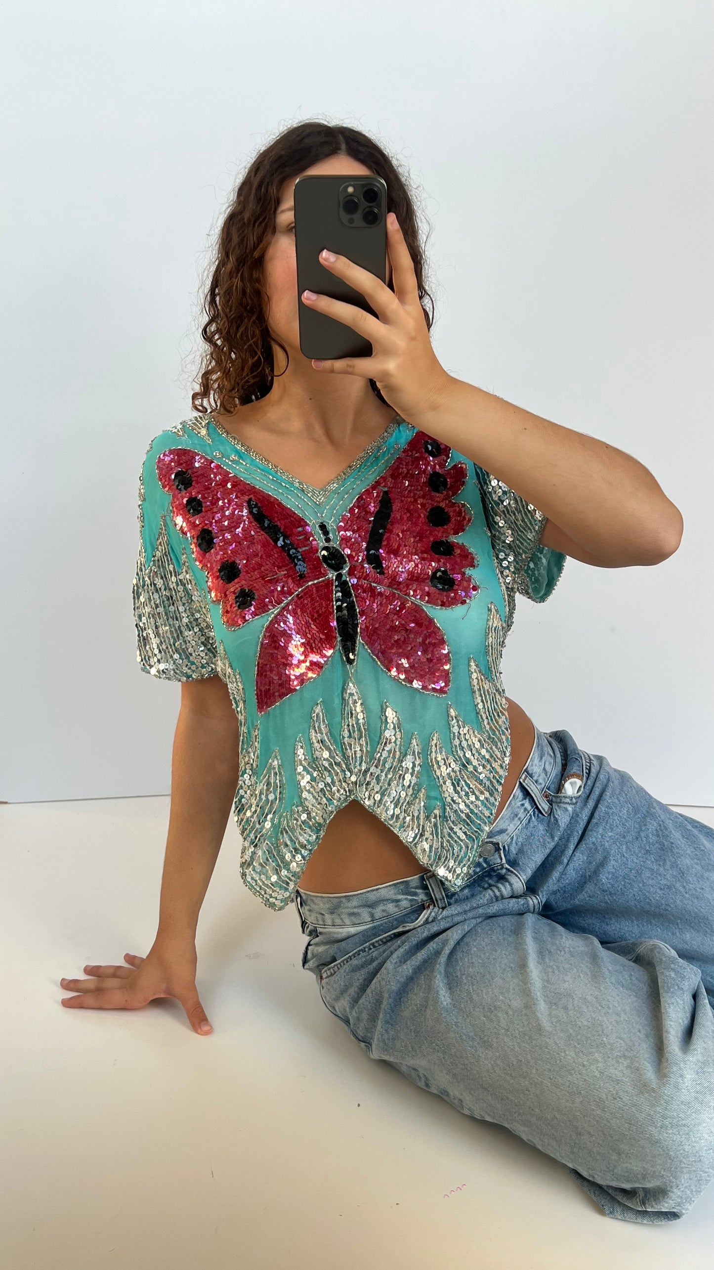 00s blue sequin butterfly top- one size