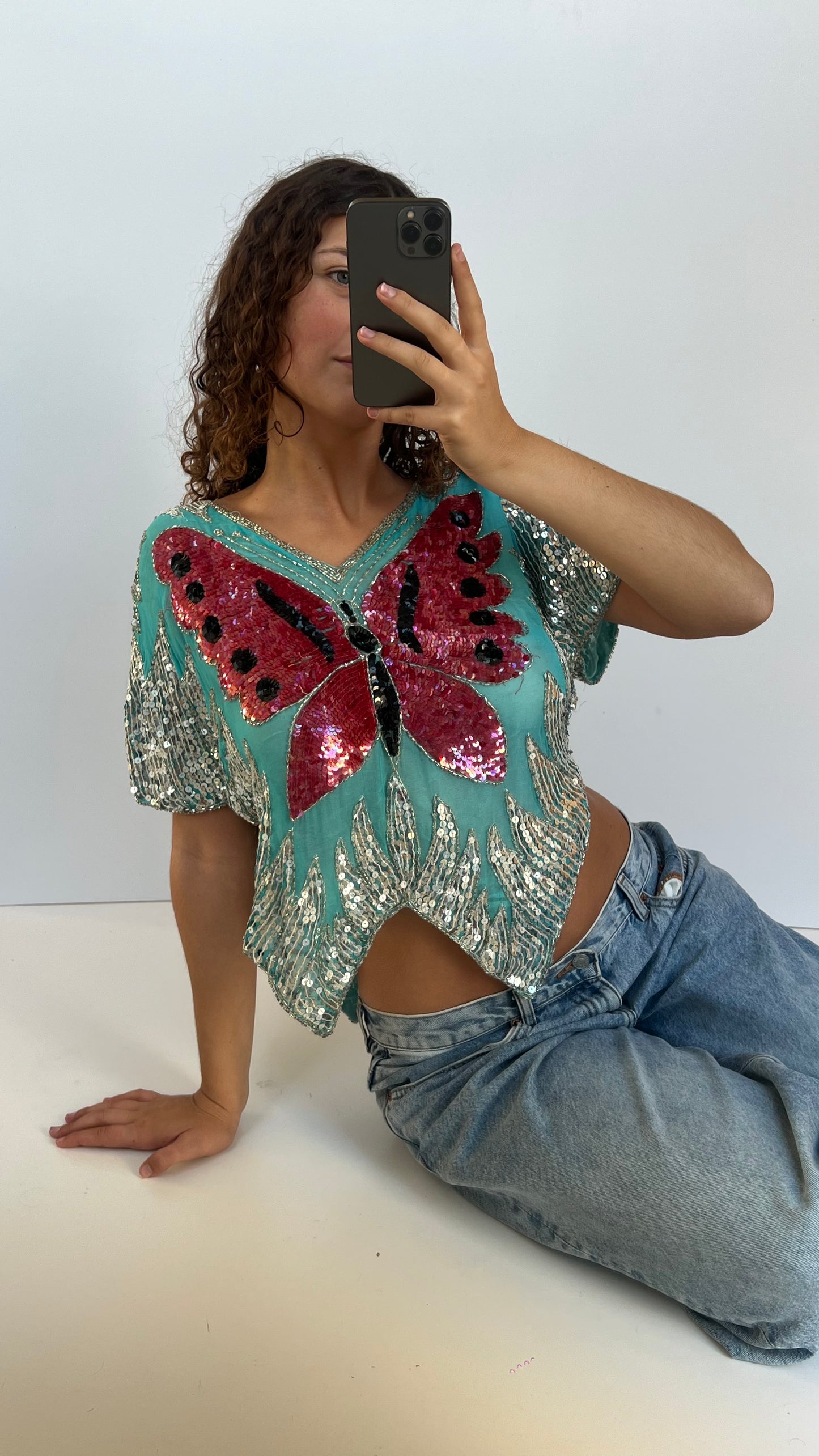 00s blue sequin butterfly top- one size