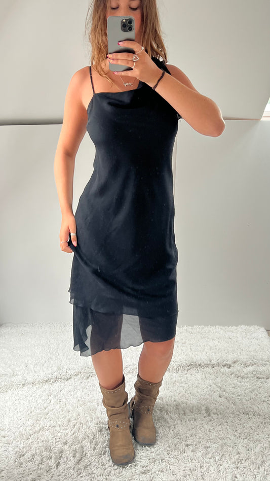 00s black mesh asymmetrical midi dress- size M