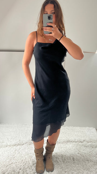 00s black mesh asymmetrical midi dress- size M