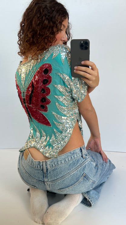 00s blue sequin butterfly top- one size