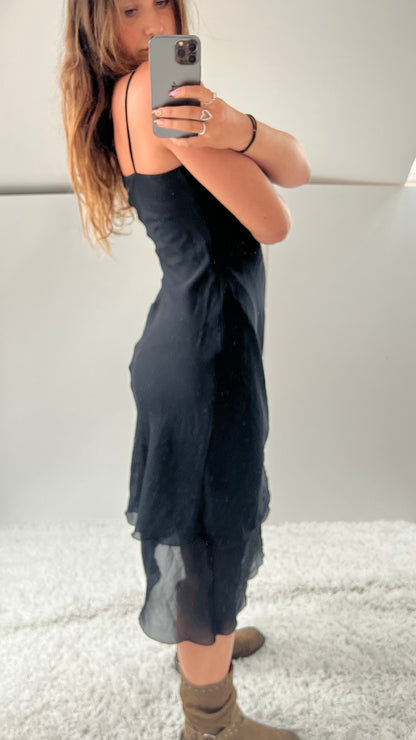 00s black mesh asymmetrical midi dress- size M