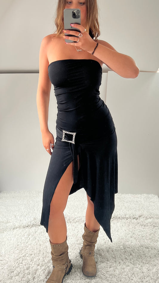 00s black strapless midi dress- size S