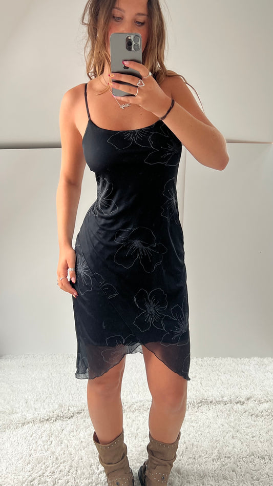 00s black mesh floral midi dress- size M
