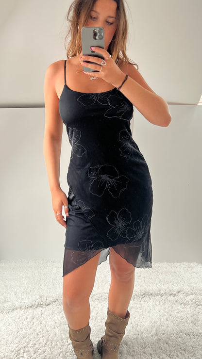 00s black mesh floral midi dress- size M