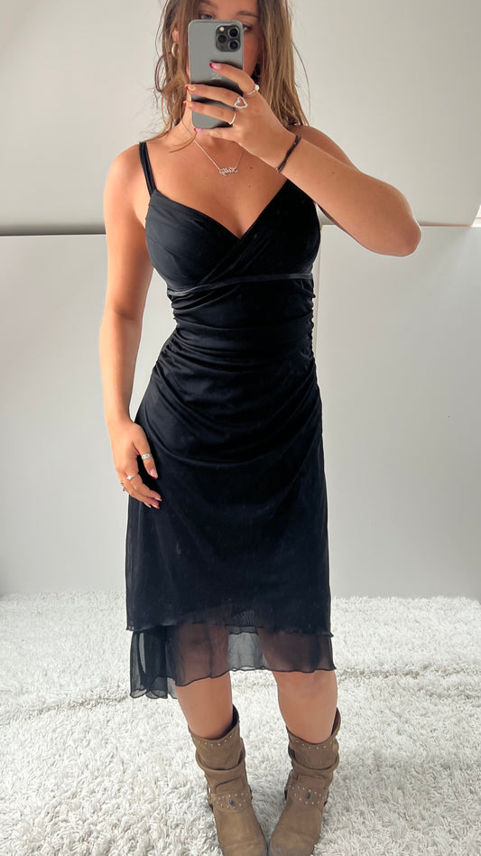 00s black mesh asymmetric midi dress- size L