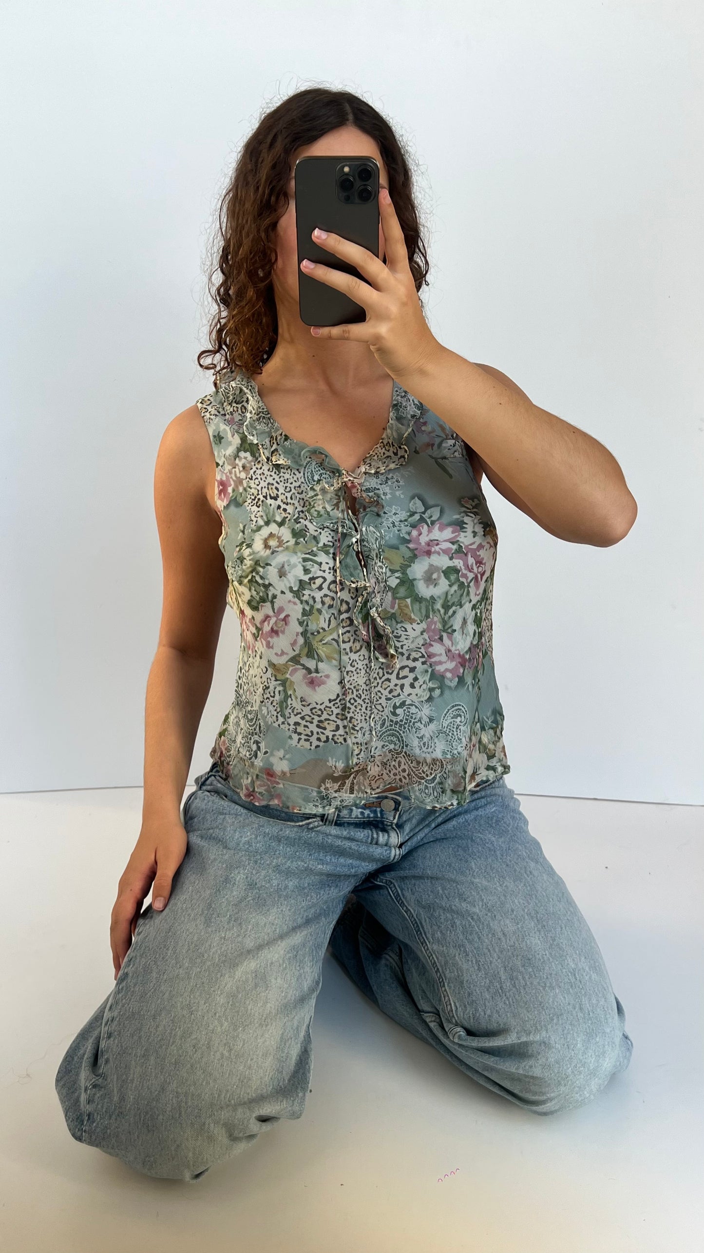 00s blue silk floral babydoll top- size M