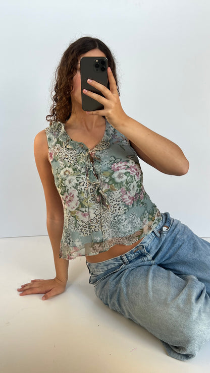 00s blue silk floral babydoll top- size M