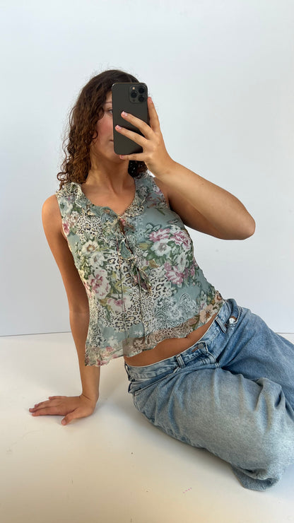 00s blue silk floral babydoll top- size M