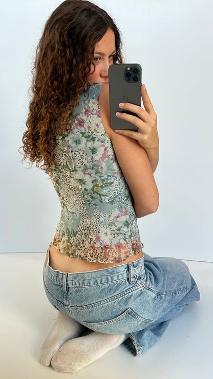 00s blue silk floral babydoll top- size M