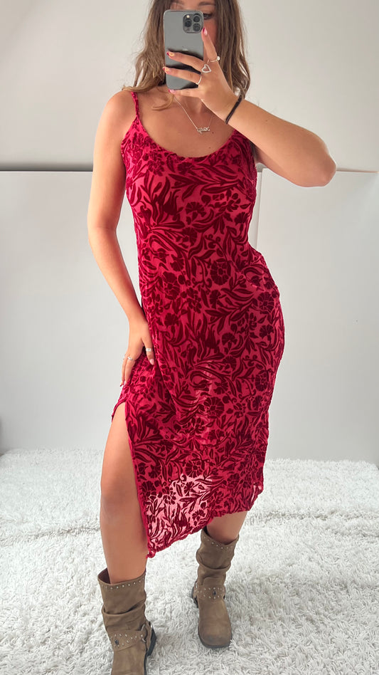00s red velvet maxi dress- size M/L