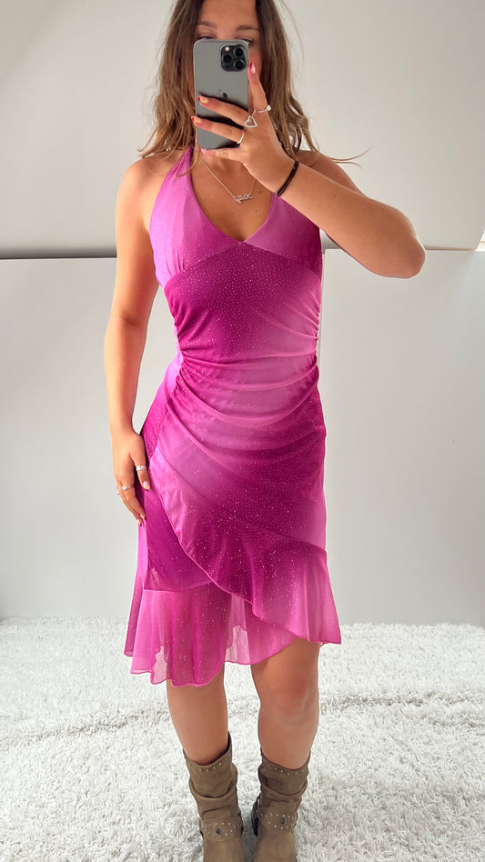 00s pink glitter ruffle midi dress- size S