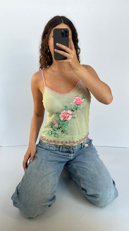 00s green sequin floral cami- size M