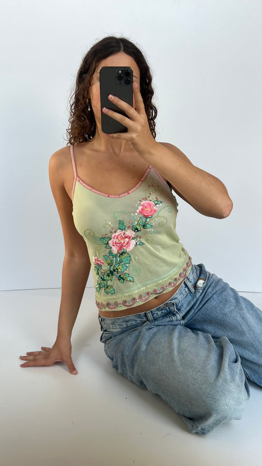 00s green sequin floral cami- size M