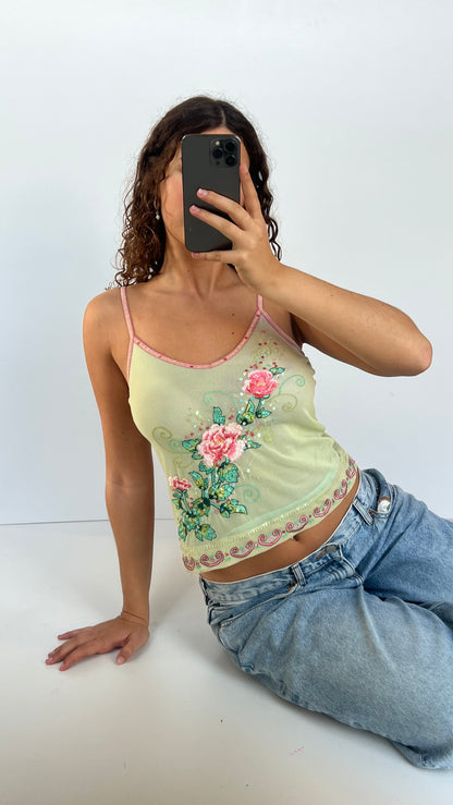 00s green sequin floral cami- size M