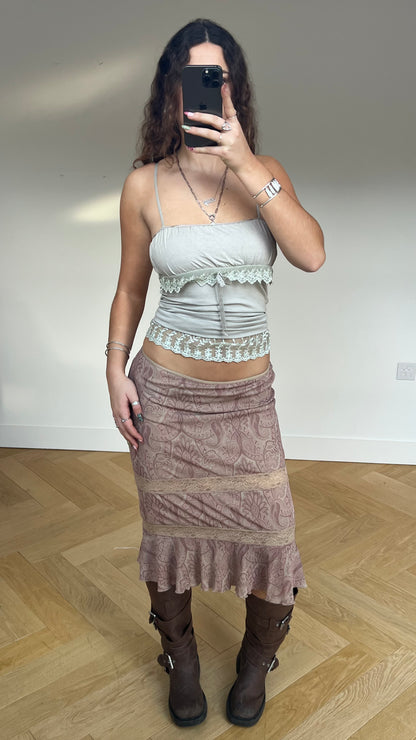 00s brown pink mesh midi skirt- size M