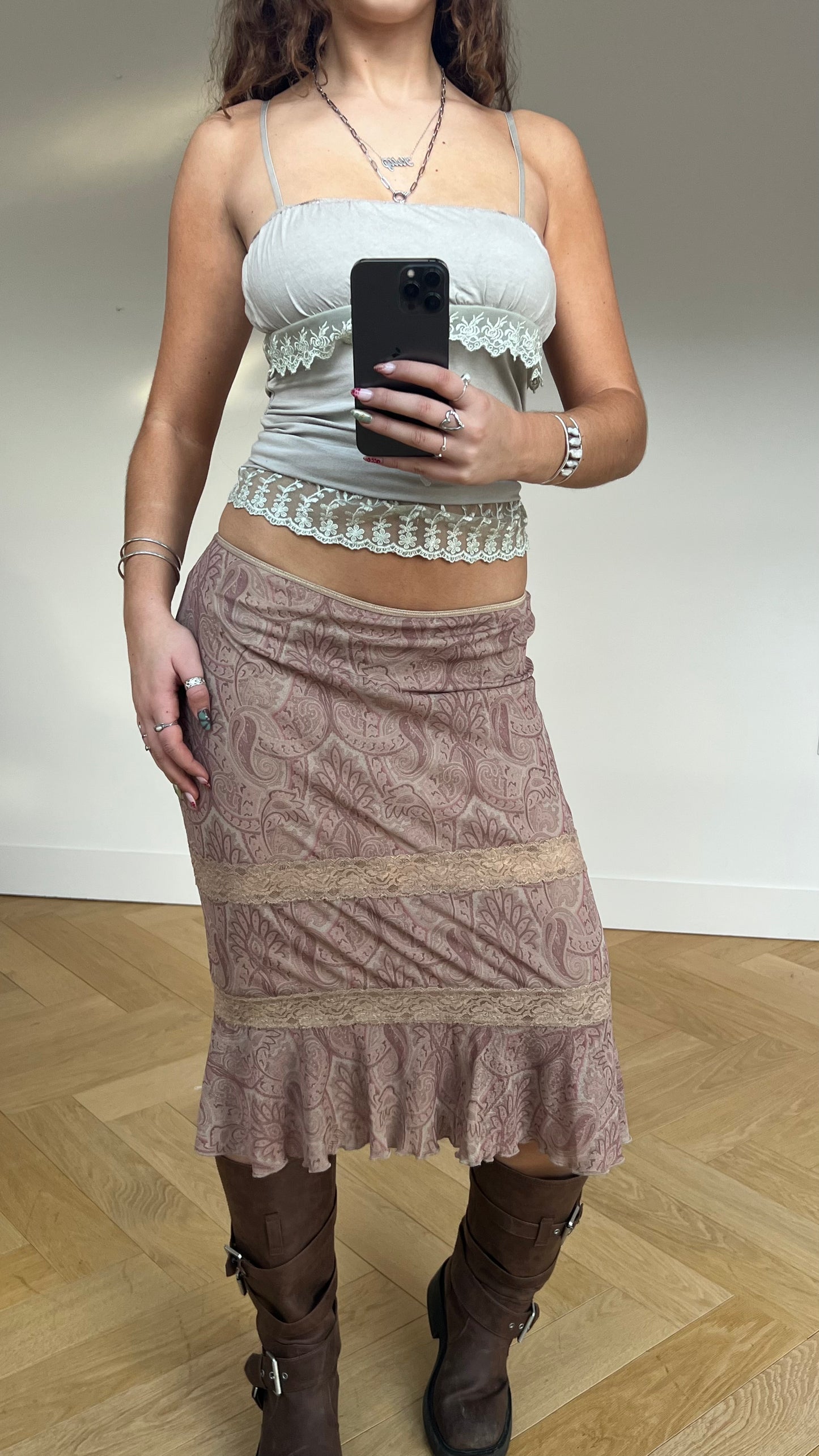 00s brown pink mesh midi skirt- size M