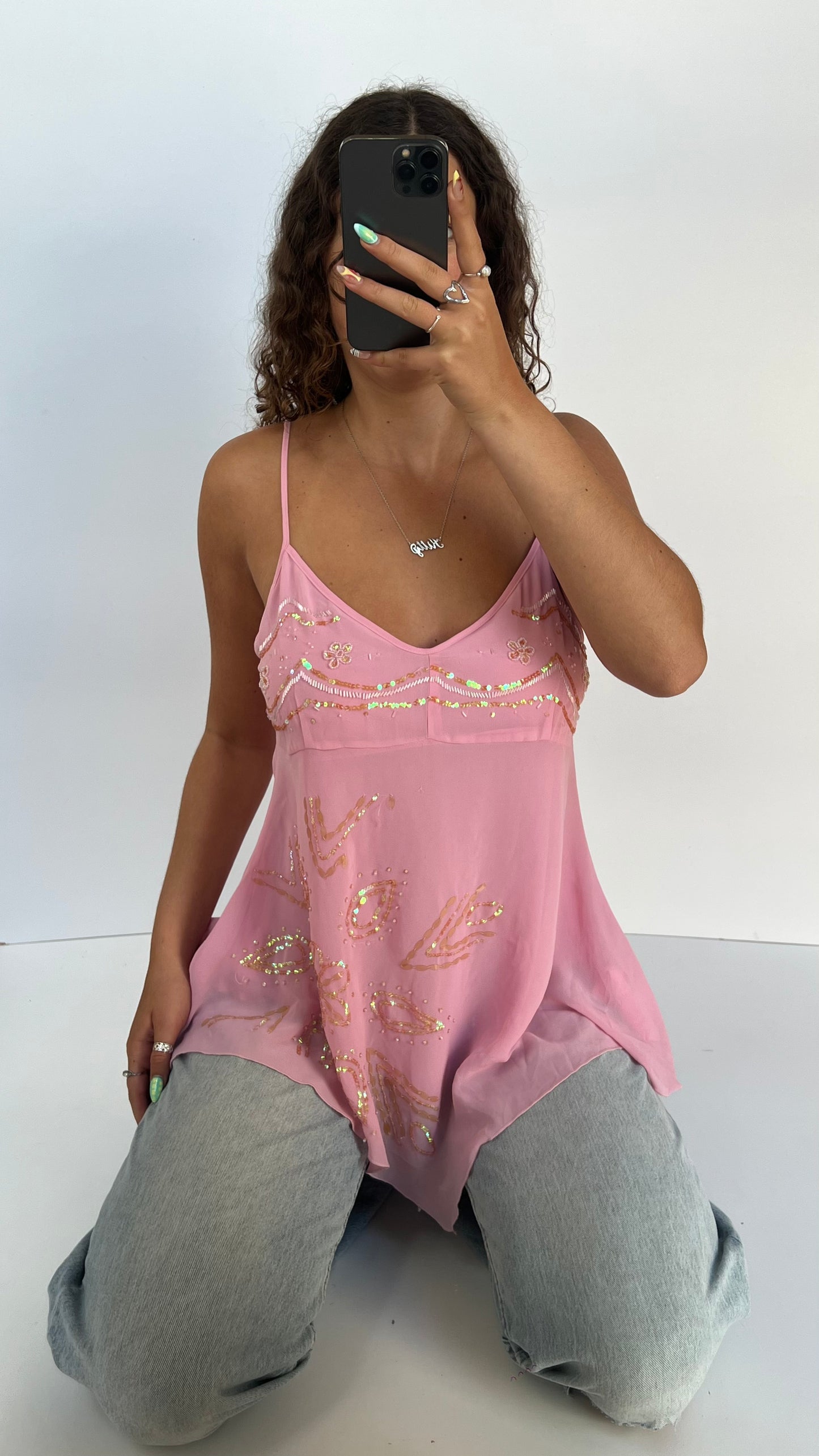 00s pink sequin babydoll cami- size XL