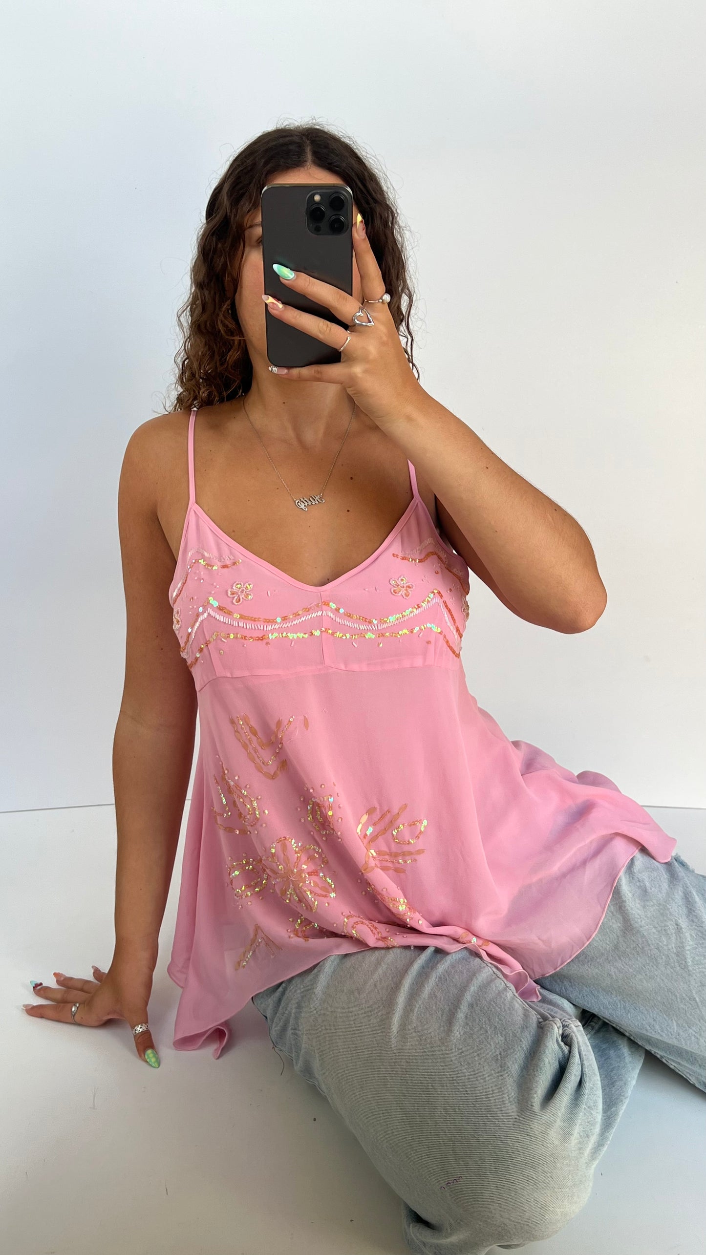 00s pink sequin babydoll cami- size XL