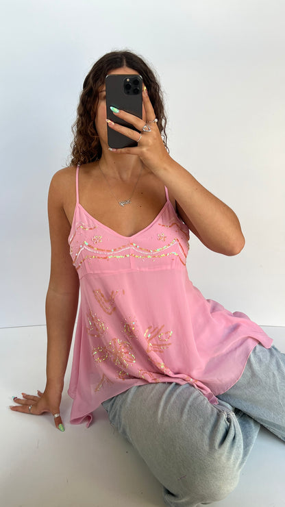 00s pink sequin babydoll cami- size XL