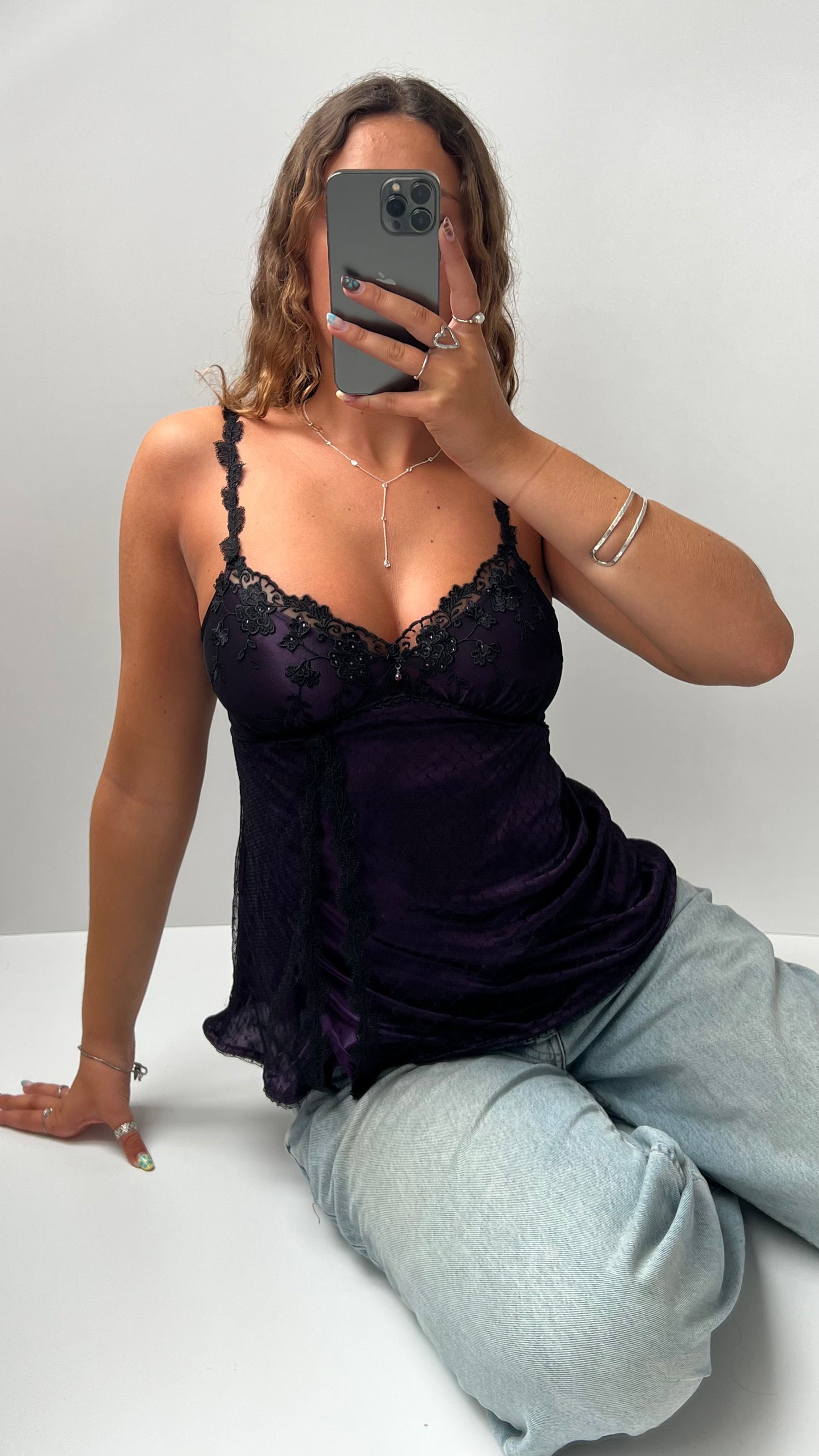 00s purple black lace cami- size S