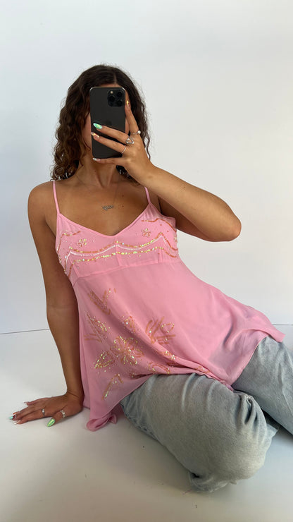00s pink sequin babydoll cami- size XL