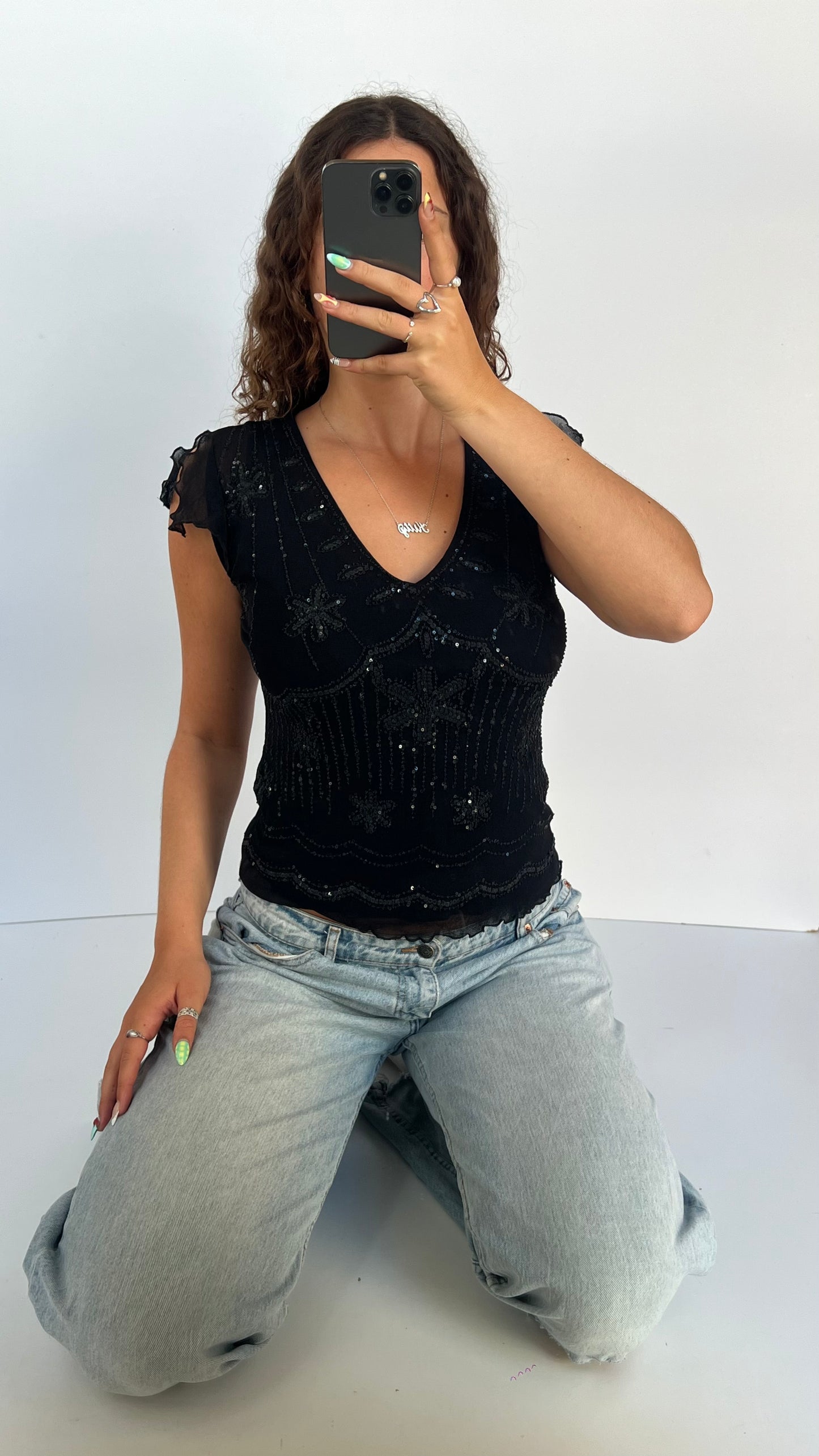 00s black mesh beaded top- size L