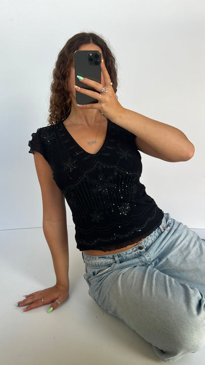 00s black mesh beaded top- size L
