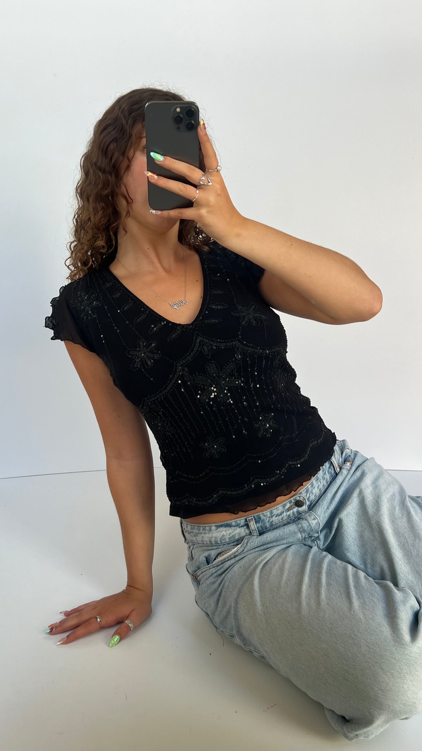 00s black mesh beaded top- size L