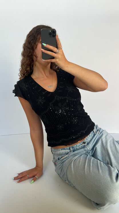00s black mesh beaded top- size L