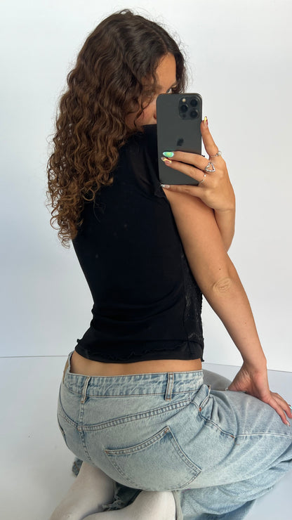 00s black mesh beaded top- size L